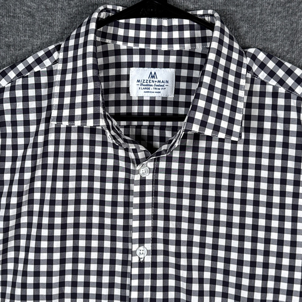 Mizzen Main Shirt Mens XL Dark Navy White Gingham Trim Fit Performance USA Made